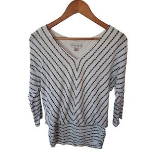 Knox Rose Black & White Stripe Sweater Light Weight Med V-Neck 3/4 Sleeve Lined